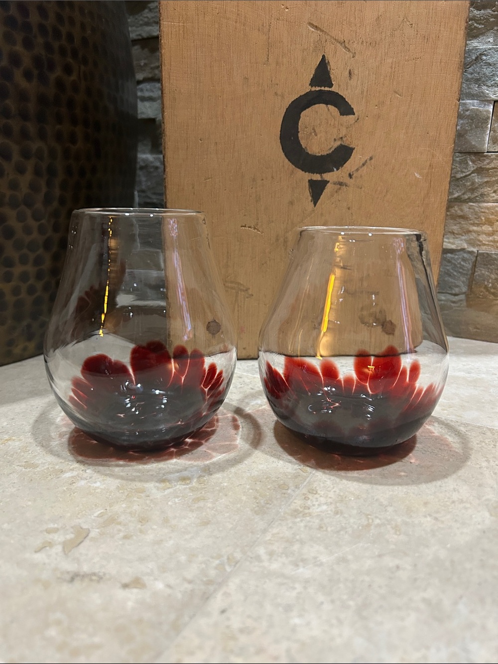 2 Hand Blown Confetti Glass Stemless Wine Glasses